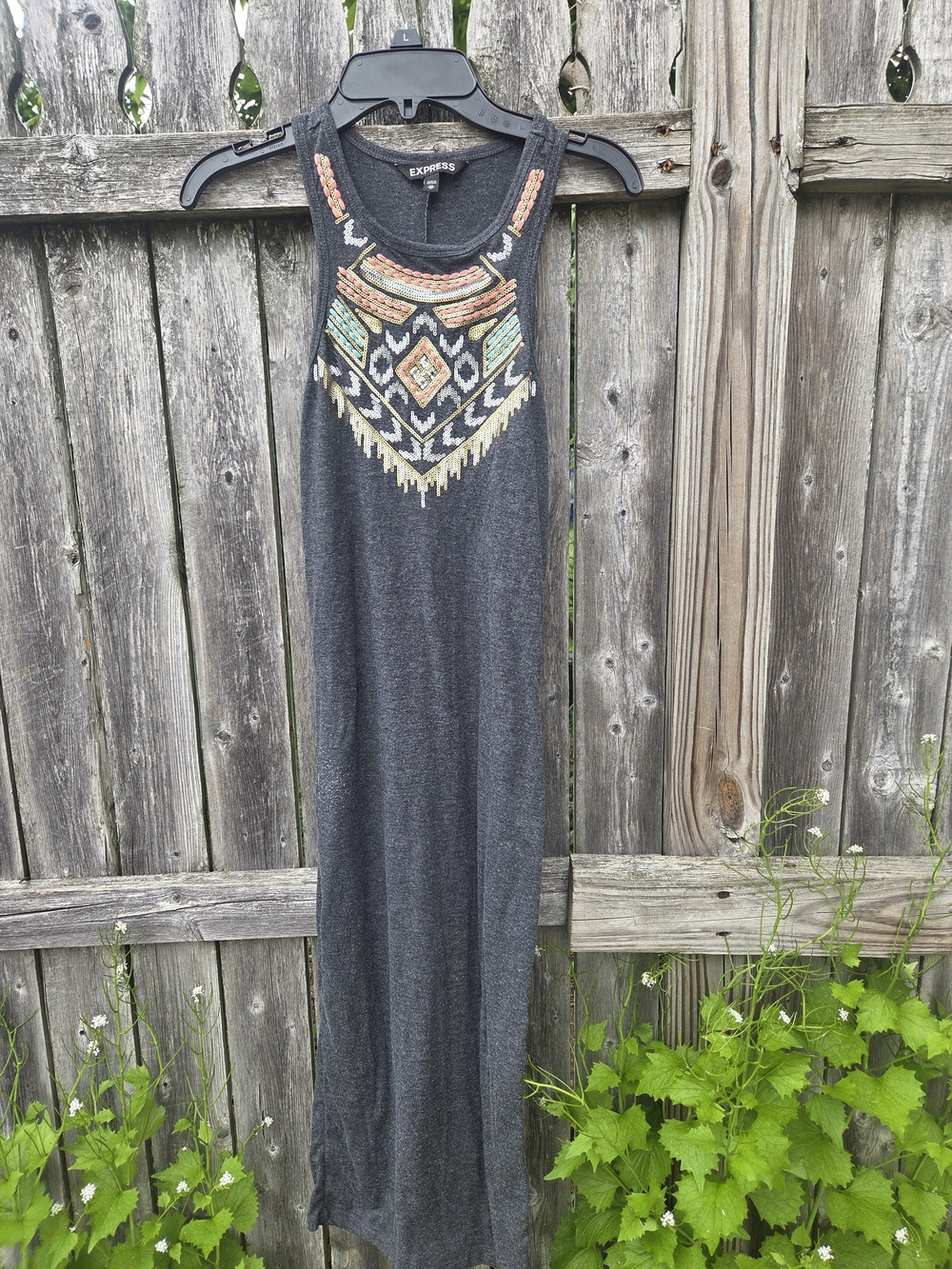 Express Charcoal Maxi Dress with Embroidered Tribal Yoke